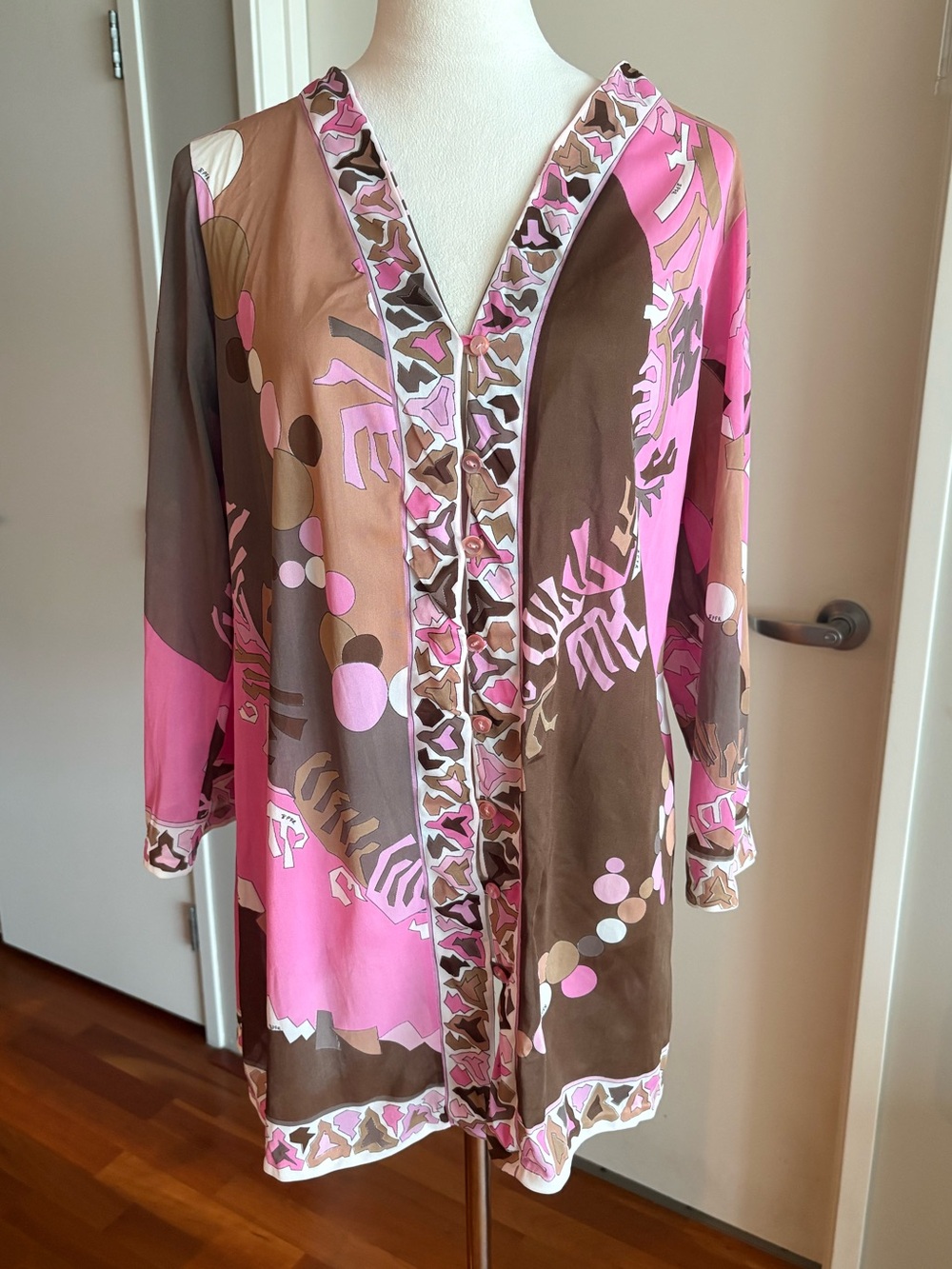 Vintage 1960s Emilio Pucci for Formfit Rogers Pink Brown Print Tunic Caftan